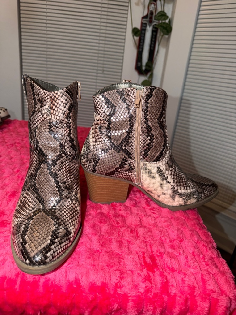 Vince Camuto Snake-Print Ankle Boots in Taupe and Black